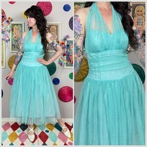 Vintage 1990s Aqua Tulle Halter Fit and Flare Prom Dress